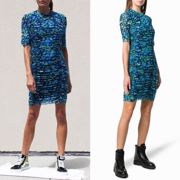 GANNI Floral Ruched Stretch Tulle Short Sleeve Crew Neck Bodycon Sheath Dress XS - Picture 9 of 16